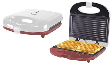 BEPER P101TOS010 Tostador eléctrico, 750W, Grill eléctrico, Placa antiadherente, Mango termoaislante, Pies antideslizantes y enrollacables, Blanco/Rojo