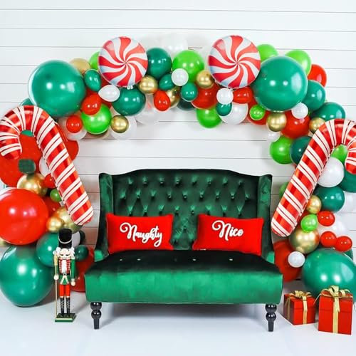 Longwu 112pcs Merry Christmas Balloon Garland Arch Kit Include Xmas Red Green Latex Balloons Candy Foil and Candy Cane Balloons for Winter Holiday New Year Birthday Party Grinch Decoration Supplies