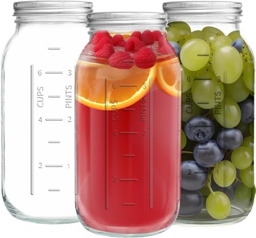 LATERN 3 Pièces 64oz Bocaux Mason à Large Ouverture, 1,9L Bocaux en Verre Mason Anti-Fuites Imprimés avec Couvercle Hermétique et Bande pour Conservation Confiture Miel Gelée Sauces Salade Oats Yaourt