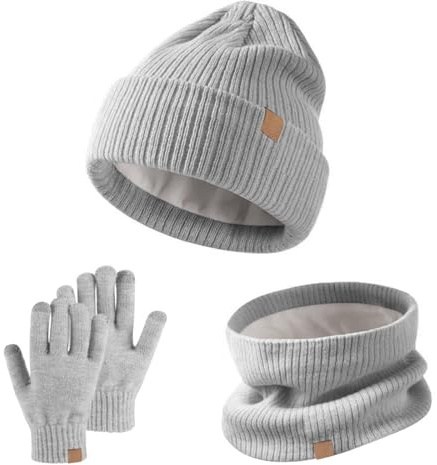 SSKHE Set di 3 pezzi cappello invernale sciarpa guanti per bambini, berretto termico caldo lavorato a maglia, scaldacollo snood, muffole touchscreen con fodera in morbido pile elastico per bambini dai
