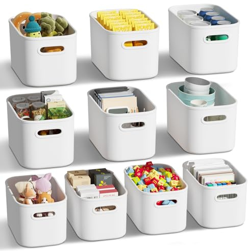 ORGIDOL 10 Pack White Plastic Storage Bins, Storage Container for Organizing, Storage Boxes with Handle for Shelves, Cute Organizer Bins for Craft, Snacks, Pantry, Cabinet, 9.69x6.7x5.7 inch