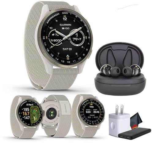 Garmin Approach S50 Advanced Golf Watch with GPS, AMOLED Display, Sports and Fitness Smartwatch, Cream Gold Aluminum Bezel with Ivory Comfort Fit Nylon Band Bundle with Wireless Air Buds