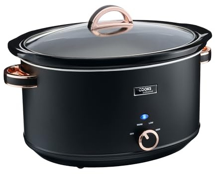 Cooks Professional Slow Cooker 8 Litre with Glass Lid, Cool Touch Handles, Dishwasher Safe Bowl, 2 Heat Settings & Keep Warm Function | X-Large One Pot Cooking Machine | Black & Rose Gold