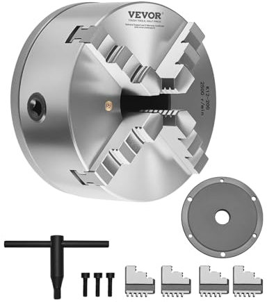 VEVOR 4-Jaw Lathe Chuck, 8 Inch (200 mm), Self-Centering Chuck with 1 1/2 in-8 Threaded Backing Plate, 0.16-7.87 in (4-200 mm) Clamping Range with T-wrench Screws, HT300 Material, for Wood Metal Lathe