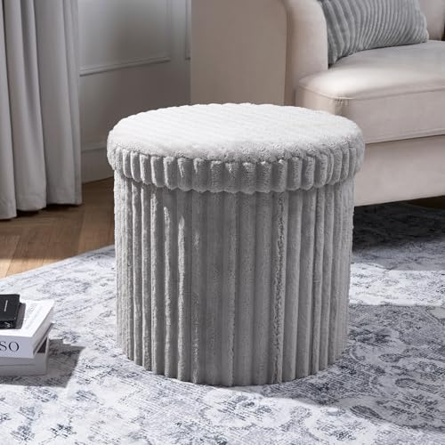 OHS Storage Ottoman Box Round, Grey Ribbed Round Ottoman Footstool with Lid Space Saving Organising Box for Livingroom Bedroom Footrest with Hidden Storage