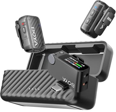 BOYA BOYAMIC 2 Wireless Lavalier Microphone for Android, iPhone 15/16, Camera, USB Type-C Lapel Microphone, AI Noise Reduction, 48KHz/32Bit (Optional), 54H Battery Life with Charging Case