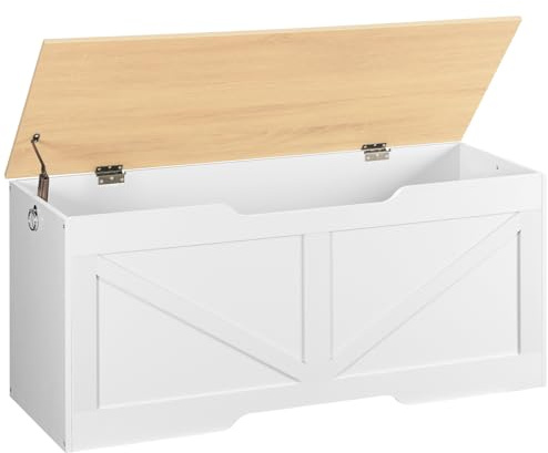 HOOBRO Boîte Rangement, Coffre Rangement Jouets Vintage avec Ouverture Forme de U, Banc Rangement, Charnière Sécurité, Coffre à Jouets Bois Robuste, Facile Assembler, Blanc, Couleur Bois EWN772CW01