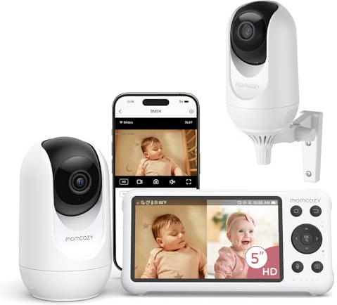 Momcozy Babyvakt Med 2-Kameraapp, 5-Tums Wi-Fi Videobabyvakt Med Kamera Och Ljud, 4× Zoom, Rörelse- Och Gråtidentifiering, Säker Zon, Klar Nattbild, Tvåvägskommunikation, Foto- Och Videoinspelning