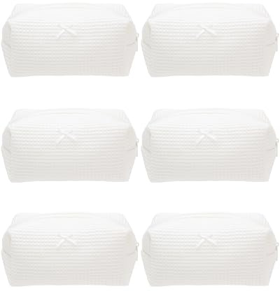 PAZIMIIK 6PCS Cozy Makeup Bag Travel Cosmetic Bag for Women Soft Toiletry Bag Aesthetic Makeup Organizer Portable Large Zipper Pouch for Skincare Beauty Accessories Brushes Waffle Check Cream White