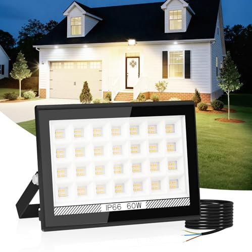 T-SUN 4000K Flood Lights Outdoor, Security Light, 60W Wall Light Mains Powered, IP66 Waterproof Natural White Led Floodlights Outside for Garden,Garage, Warehouse, Backyard, Doorways
