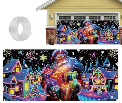 Générique Copertura per porta del garage per Natale – 396 x 183 cm UV fluorescente decorazione stagionale, tela da garage per feste | per dilettanti fai da te, decoratori, ospiti festa, quartiere