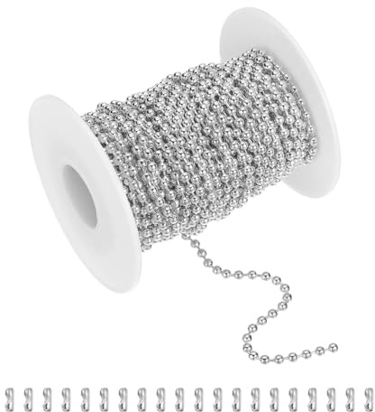 sourcing map Catena a sfere da 10 m, in acciaio inossidabile, rotolo con 20 connettori per appendere ornamenti, targhette per cani, portachiavi, decorazioni natalizie (argento, diametro esterno 3 mm)