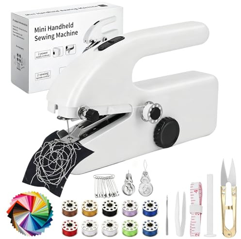 Handheld Sewing Machine, Mini Sewing Machine with 50Pcs Color Cotton Fabric, Electric Small Sewing Machine for Beginners, Easy to Use, Fast Stitch for DIY, Home, and Travel Compact & Lightweight