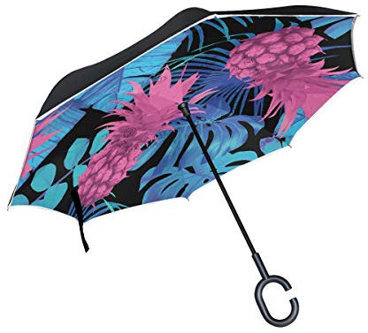 Mnsruu inversé parapluies Ananas Motif Double Couche Pliant Parapluie Coupe-Vent Anti-UV Coupe-Vent Voyage Parapluie pour Homme et Femme