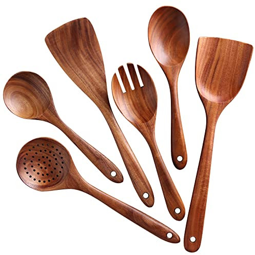 NAYAHOSE Holz Kochbesteck-Set, Premium Küchenutensilien-Set aus 100% Natürlichem Teakholz, Antihaftbeschichtet Kochlöffel Holz, Kochlöffel und Pfannenwender, Salatgabel 6-Teiliges-Set