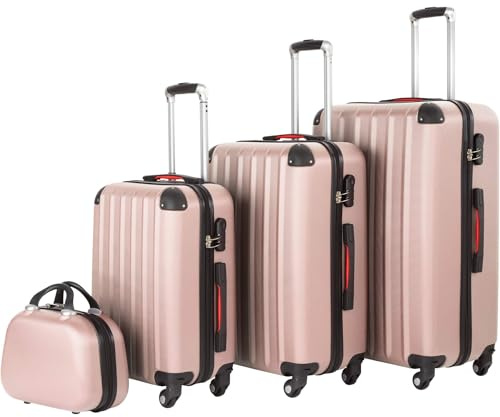 tectake® Hard Shell Suitcase Set, Lightweight Suitcases with TSA Lock, Incl. Large, Medium, Small Carry On Suitcase & Beauty Case, Ergonomic Telescopic Handles & 360° Removable Wheels - Rose Gold
