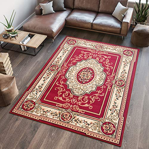 TAPISO Atlas Teppich Kurzflor Rot Creme Klassisch Orientteppich Mäander Orient Floral Design Wohnzimmer Schlafzimmer Vintage ÖKOTEX 130 x 190 cm