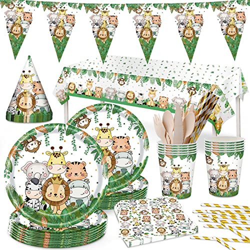 TWBEST Assiette Jetable Jungle Animaux,25 invités Jungle Animaux fête Fournitures,pour Fête d Anniversaire