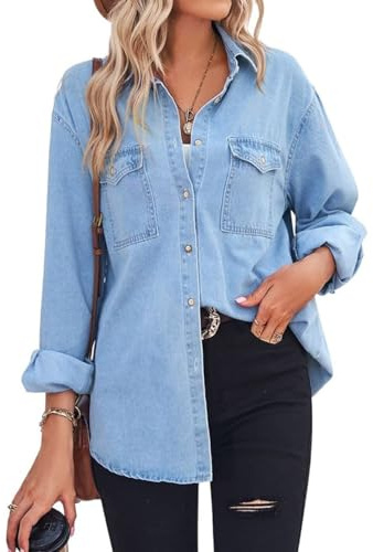 chouyatou Women's Spring Long Sleeve Denim Jean Shirts Button Down Shirt Business Casual Tops (Large, Blue)