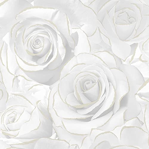 Madison Glitter White Wallpaper - Gold Floral Rose Flower - Textured Modern Contemporary Feature Wall