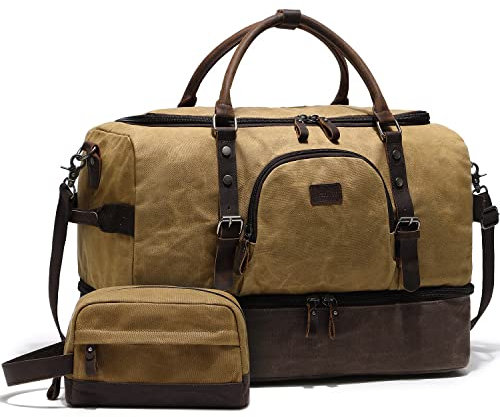 Nerlion Weekender Tasche mit Schuhfach Große Übernachtungstasche für Herren Canvas Echtleder Handgepäck Tasche Reise Seesack, Braun, Reisetasche