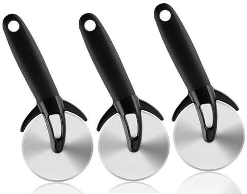 Lot de 3 roulettes à pizza XXL - Roulette à pizza professionnelle - Diamètre : 9,7 cm - Avec protection de lame - Coupe-pizza en acier inoxydable et poignée en plastique avec revêtement en caoutchouc