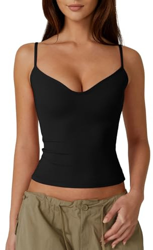 QINSEN Woman's Spaghetti Strap Camisole Top Slimming Fit Double Lined Tee Shirt for Summer Black M