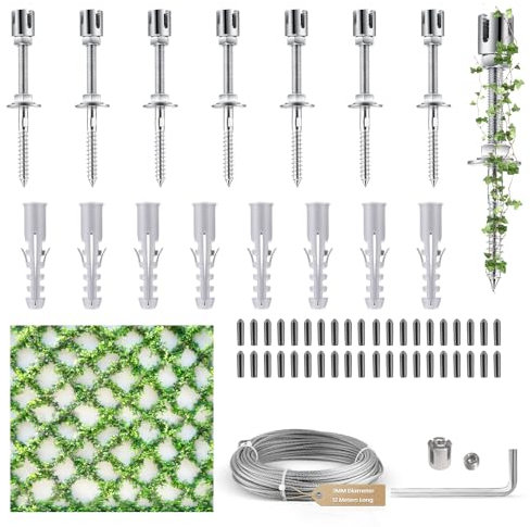 Krovtoy Support pour Plantes grimpantes, kit Complet en Acier Inoxydable avec Supports muraux et Corde de 3 mm, 8 Supports, Corde de 12 m
