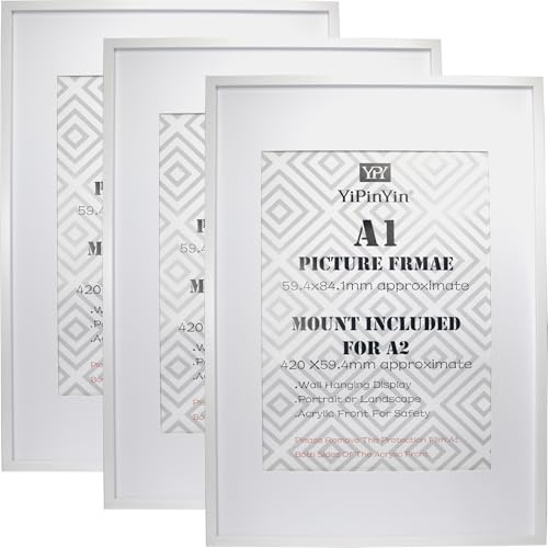 White A1(59.4x84.1cm) Boxed Picture Frames Set of 3,for A2 Photos - Elegant Wall Gallery Frames for Home, Bedroom Living Room,Office & Hotel Decor