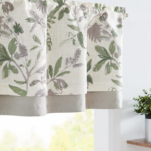 TOPICK Linne skivgardiner ogenomskinliga köksgardiner gul vår tropiska blad gardiner lantlig stil mörkläggningsgardiner kort bistrogardin volang 1-pack grön på beige 45 H x 125 B cm
