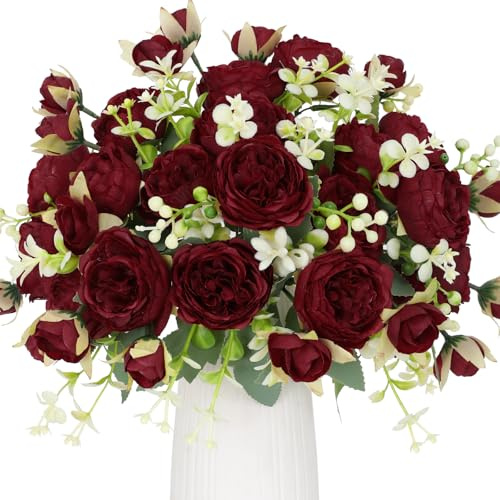 Floweroyal 4 Bunches Peony Artificial Flowers Red Flowers Silk Peonies Bouquets for Wedding Party Table Centerpieces Floral Arrangement Home Kitchen Decor.