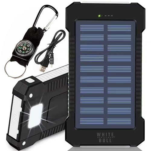 Batería Externa Carga Rápida 20000mAh con Panel Solar y Linterna LED | Power Bank IPX4 Ligera Resistente 2+1 Puertos Cable USB C Universal Mosquetón Brújula | Cargador 2025 Powerbank Portátil Móvil