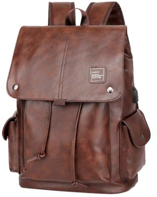 Baoblaze PU Leather Laptop Backpack Fit 15.6 inch Travel Bag Stylish with USB Port for Men Multifunctional for Everyday Work Weekender, Dark Brown