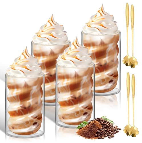 LISDATKE Latte Macchiato Gläser Doppelwandig 400ml 4er Set Doppelwandige Kaffeegläser Cappuccino Gläser mit 4 Löffeln Thermogläser aus Borosilikatglas