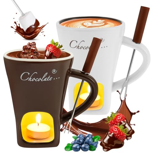 VAVPUP 2 Stück Keramik Schokofondue Tasse,Becher zum Schmelzen von Schokolade mit Gabel,200ml Schokoladen Fondue Becher Set,Mehrzweck Schokoladenfondue Becher für Käse,Schokolade,Butter und Karamell