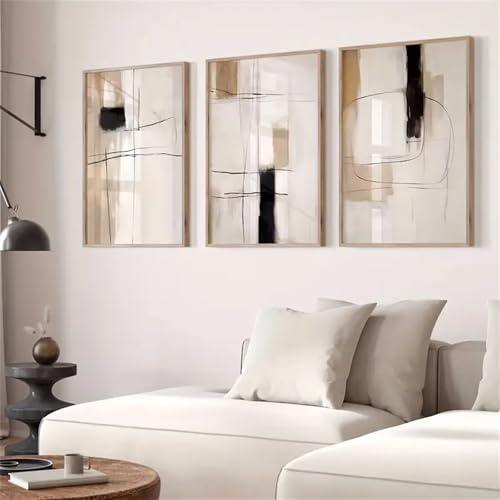 Moderne Poster 3er Set Abstrakt Kunst Wandbilder Wanddeko Wohnzimmer Schlafzimmer Beige Schwarz Braun Premium Kunstdruck Leinwand Bilder ohne Rahmen