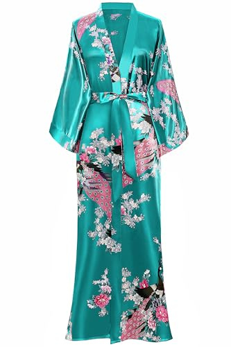 BABEYOND Kimono Femme Long en Satin - Peignoir Léger Imprimé Paon jusqu'à la Cheville, Taille unique Grande taille, Vert Foncé