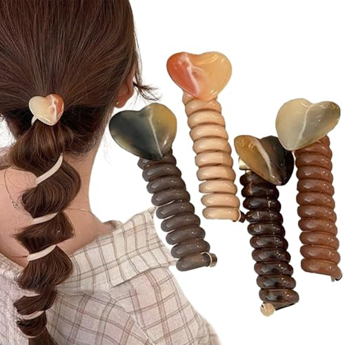Hitburu Élastiques à Cheveux pour Femme - Spirales Cordon Téléphone Sans Abîmer - Accessoires Capillaires Mignons Set de 4 Pièces pour Tresses Événements Formels Mariage Chignons Sport Ballet Pom-pom