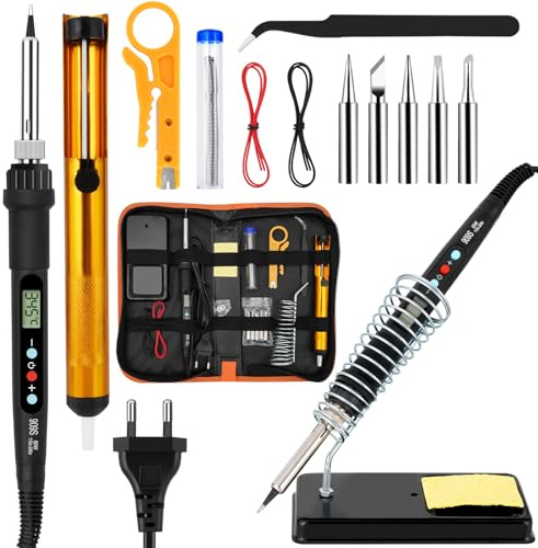 80W Lötkolben Set, Einstellbar Temperatur 180-520°C Lötset mit LED Display, 5 Lötspitzen, Lötdraht, Lötkolbenständer, Entlötpumpe, Soldering Iron Kit Lötstation für Elektronik Löten Reparaturen
