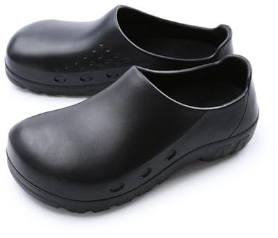 FRTUBOP - Zapatos de cocina para hombre, antideslizantes, zuecos de trabajo impermeables con punta de acero, zapatos de seguridad Slip-on para restaurante, cocina y restauración, Negro , 39 EU