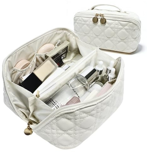 Travel Makeup Bag for Women PU Leather Lay Flat Makeup Bags with Diamond Quilted Pattern Large Capacity Travel Cosmetic Bag with Handle for Makeup Toiletries Gift (White)