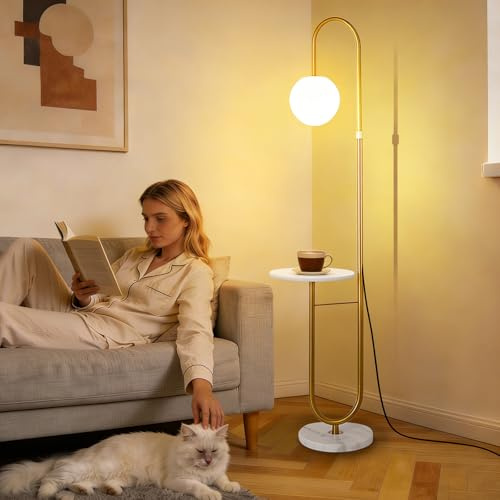 Lámpara de pie de arco de mediados de siglo con mesa de almacenamiento Lámpara de pie de vidrio regulable Lámpara de pie de altura ajustable Base de mármol Luz alta para sala de estar dormitorio