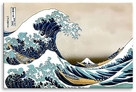 OOPS Cuadro Lienzo LA Gran Ola DE Kanagawa (Hokusai) sobre Bastidor de Madera (90x60)