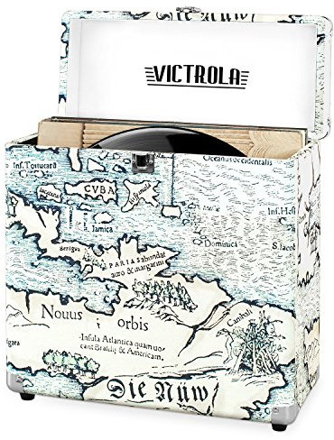 Victrola Vintage Vinyl Record Storage Carrying Case for 30+ Records, Retro Map