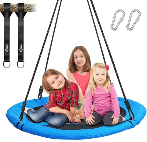 Trekassy 700lb 40 Inch Saucer Tree Swing for Kids Adults Outdoor 900D Oxford Waterproof with 2pcs Tree Hanging Straps, Steel Frame and Adjustable Ropes Blue