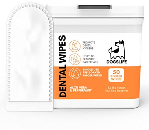 Dog Tooth Wipes | Quick & Easy Finger Wipes for Teeth | Remove Tartar & Fight Bad Breath | Naturally Soothing Aloe Vera & Peppermint! Pack of 50 Dog Teething Cleaning Pads