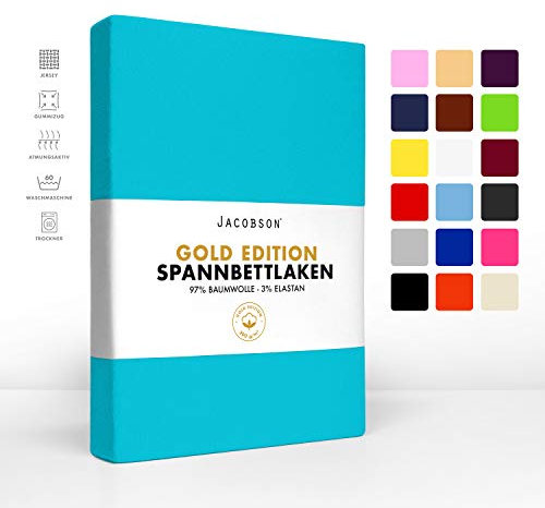 Jacobson Gold Edition Jersey Spannbettlaken Spannbetttuch Baumwolle mit ELASTAN ca. 200 g/m² (140-160 x 220 cm + 40cm, Türkis)