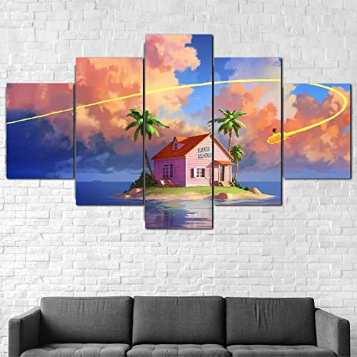 Wondbeau Leinwanddrucke Modulare Wandkunst Wandaufkleber 5 Teiliges Wandbild Druck auf Leinwand Malerei Moderne Abstrakte Poster Mit Rahmen L/150cm×80cm Anime Dragonball,Kame House