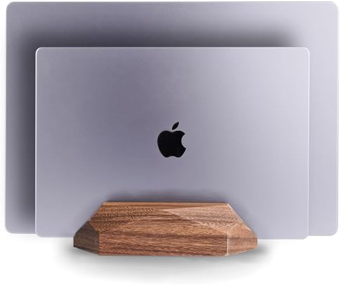 MOYUART Dubbel laptophållare, vertikalt laptopstativ, 2 fack, MacBook-stativ i trä, laptopstativ i trä, vertikal laptophållare för skrivbord, bred docka passar alla MacBook/Surface Pro (svart valnöt)
