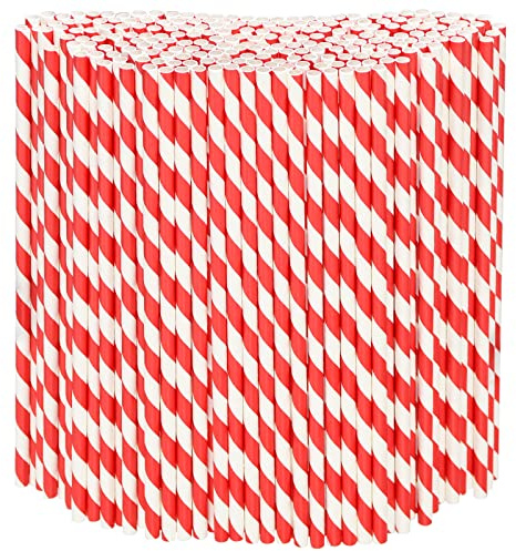 Pajitas de Papel Desechables Granel 1000 Piezas, Rayas Rojas/Blancas, 19,7x0,6cm - Pajitas Ecológicas